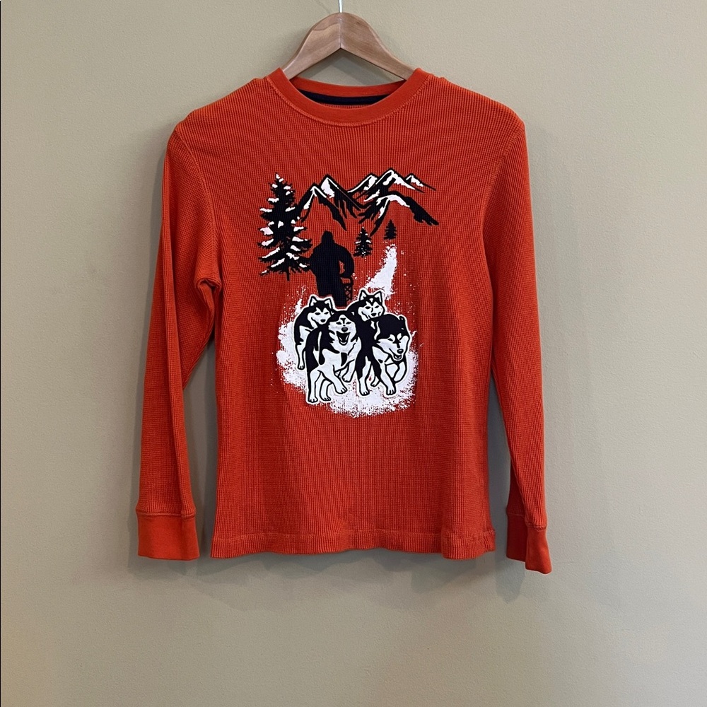 Gymboree Burnt Orange Waffle Thermal Pullover with Dogsled Print. 100% Cotton